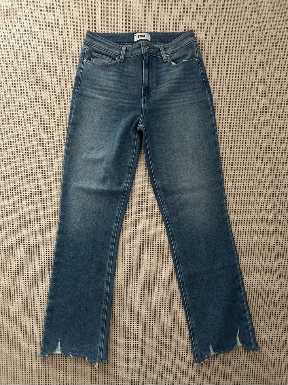 PAIGE Straight Leg Jeans in Dark Blue Denim with Raw Hem